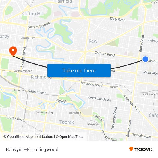 Balwyn to Collingwood map