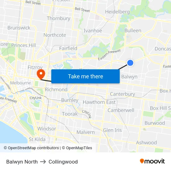 Balwyn North to Collingwood map