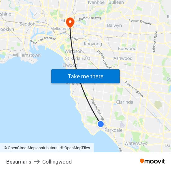 Beaumaris to Collingwood map