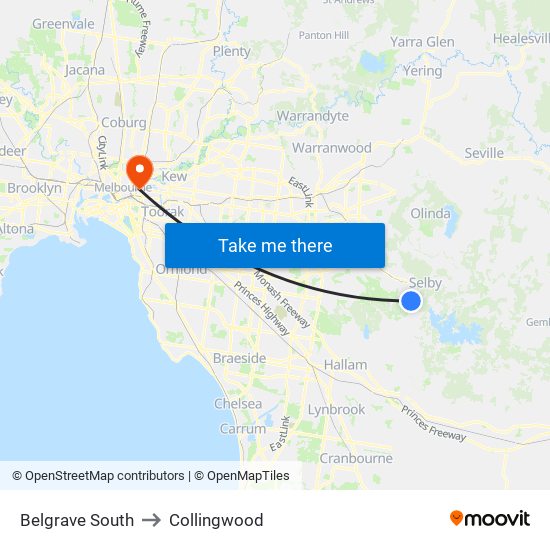 Belgrave South to Collingwood map