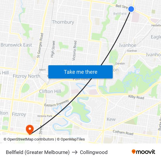 Bellfield (Greater Melbourne) to Collingwood map