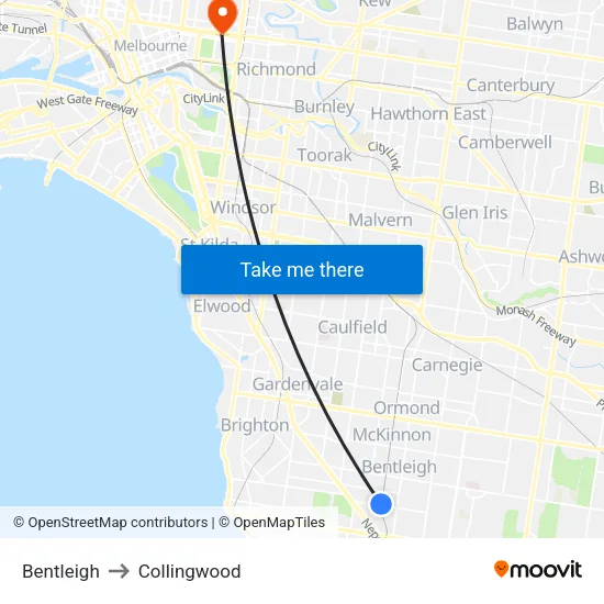 Bentleigh to Collingwood map