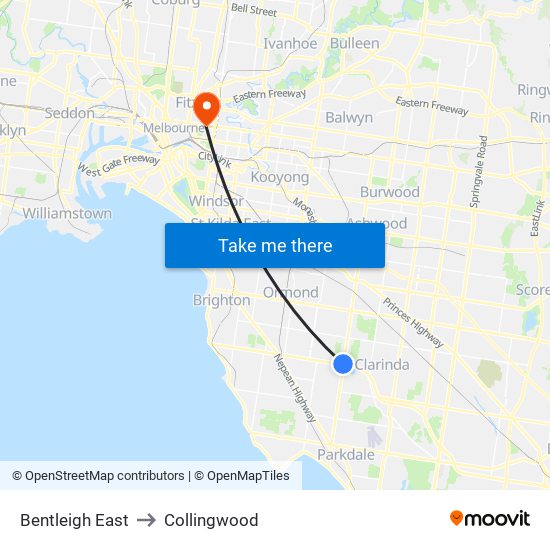 Bentleigh East to Collingwood map