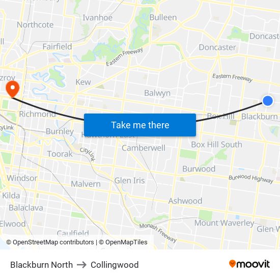 Blackburn North to Collingwood map