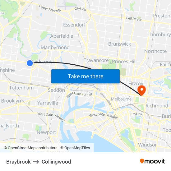 Braybrook to Collingwood map