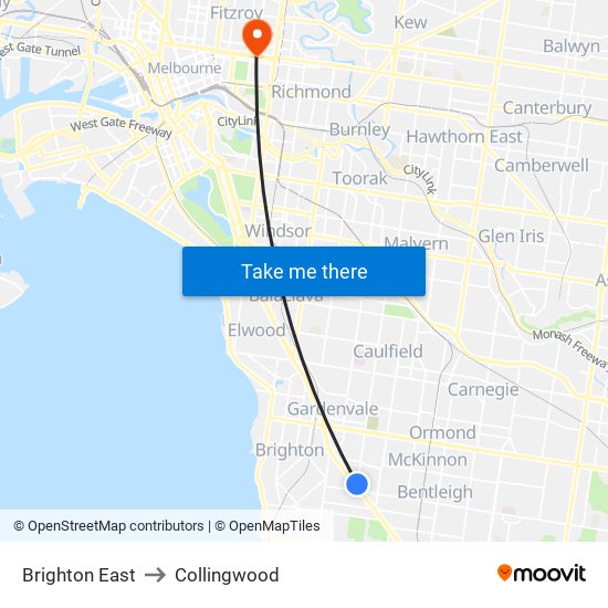Brighton East to Collingwood map