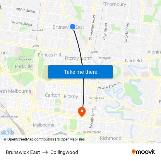 Brunswick East to Collingwood map