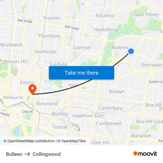Bulleen to Collingwood map