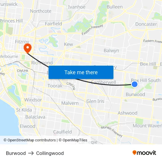 Burwood to Collingwood map