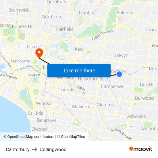 Canterbury to Collingwood map