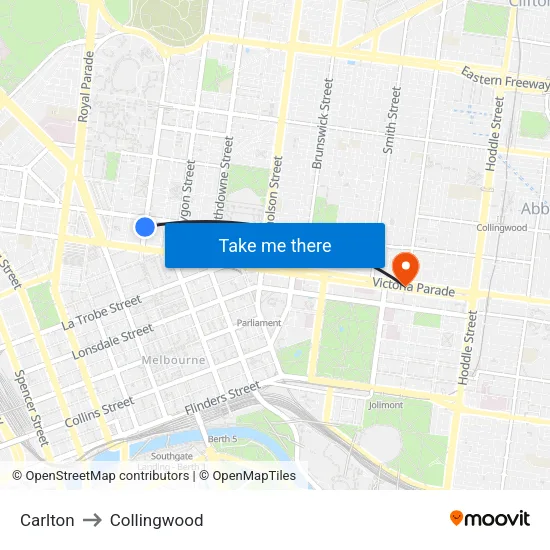Carlton to Collingwood map