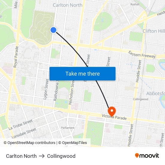 Carlton North to Collingwood map