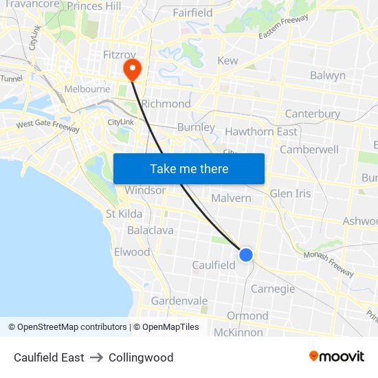 Caulfield East to Collingwood map