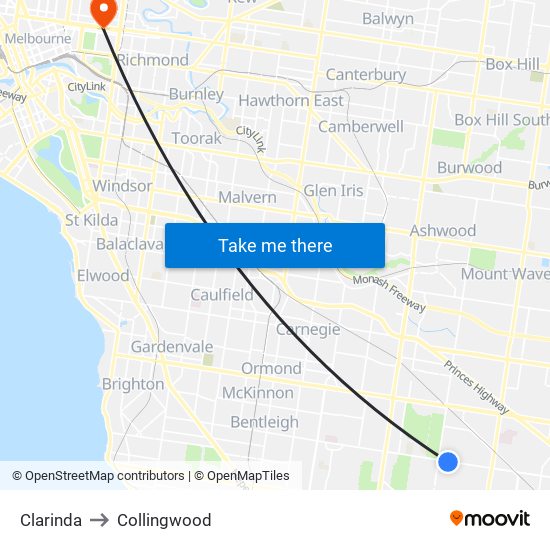 Clarinda to Collingwood map