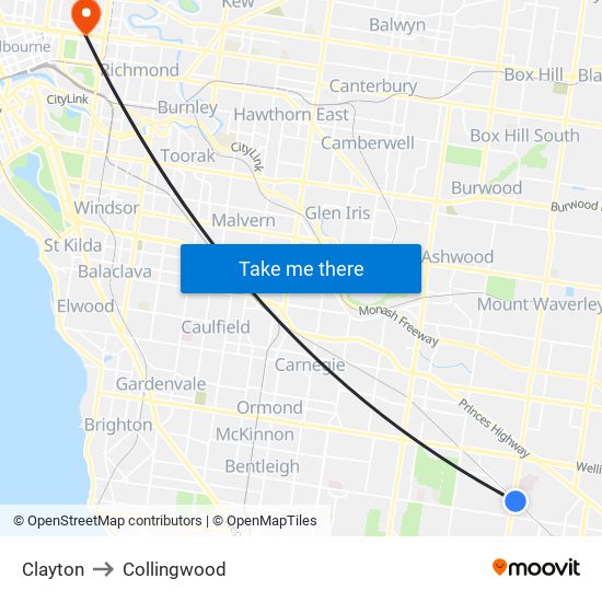 Clayton to Collingwood map