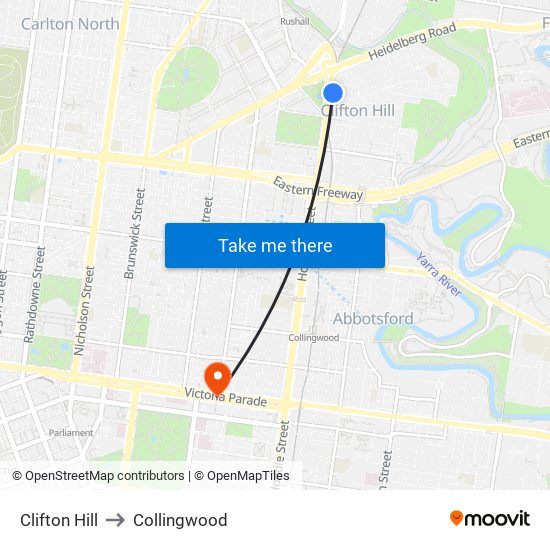 Clifton Hill to Collingwood map