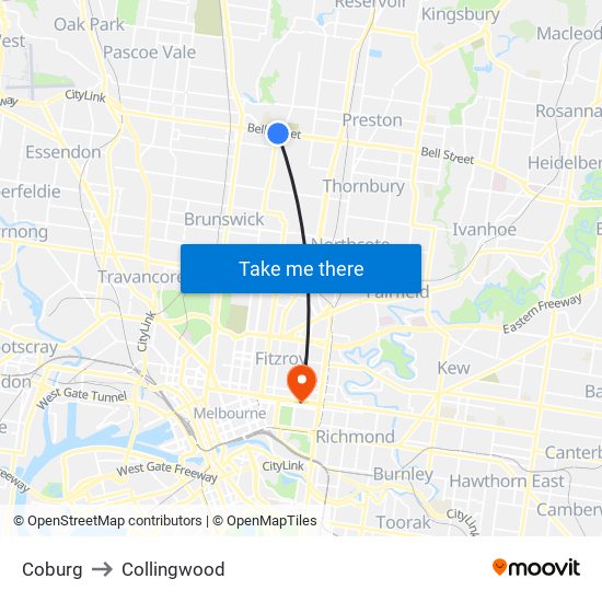 Coburg to Collingwood map