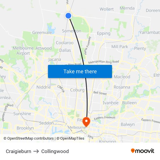 Craigieburn to Collingwood map