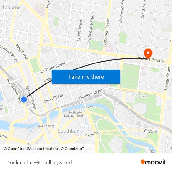 Docklands to Collingwood map