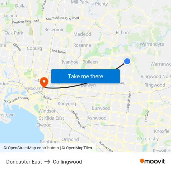 Doncaster East to Collingwood map