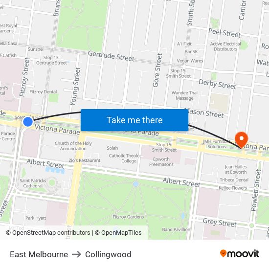 East Melbourne to Collingwood map