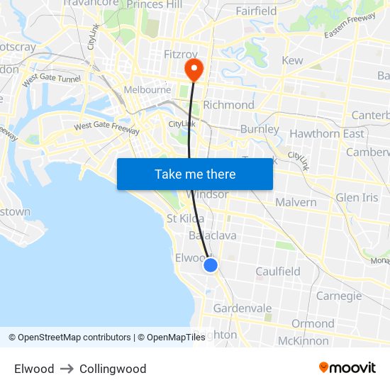 Elwood to Collingwood map