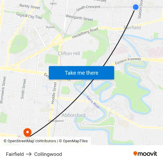 Fairfield to Collingwood map
