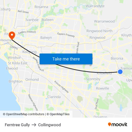 Ferntree Gully to Collingwood map