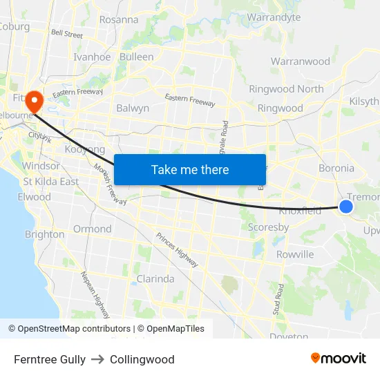 Ferntree Gully to Collingwood map