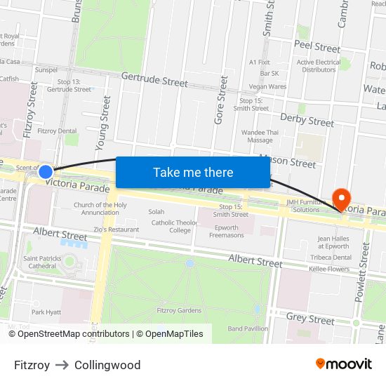 Fitzroy to Collingwood map