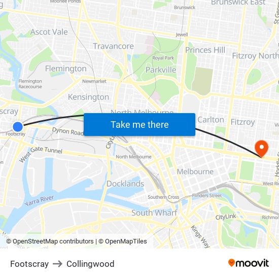 Footscray to Collingwood map