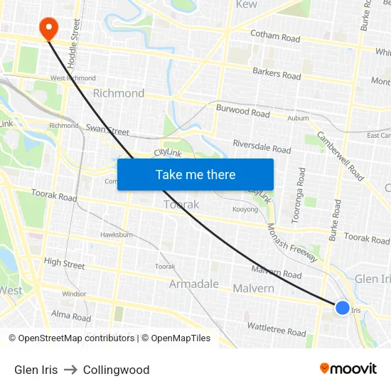 Glen Iris to Collingwood map