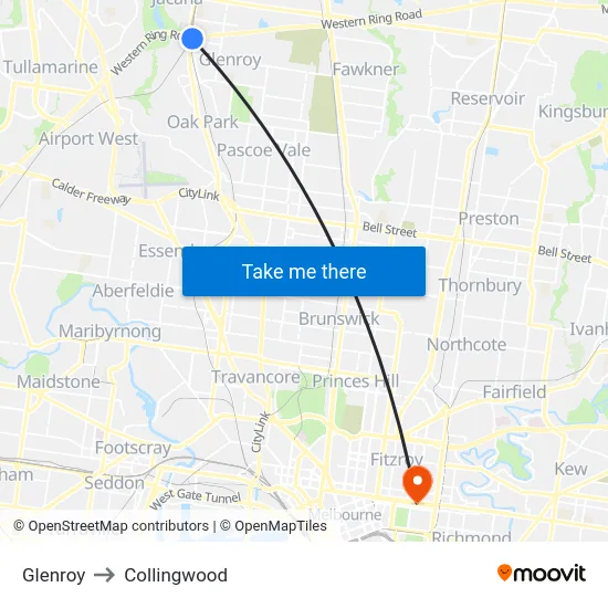 Glenroy to Collingwood map