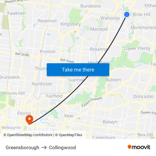 Greensborough to Collingwood map