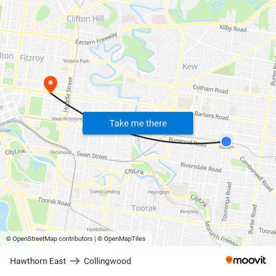 Hawthorn East to Collingwood map