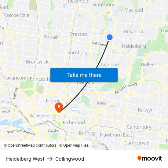 Heidelberg West to Collingwood map