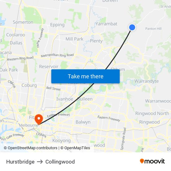 Hurstbridge to Collingwood map