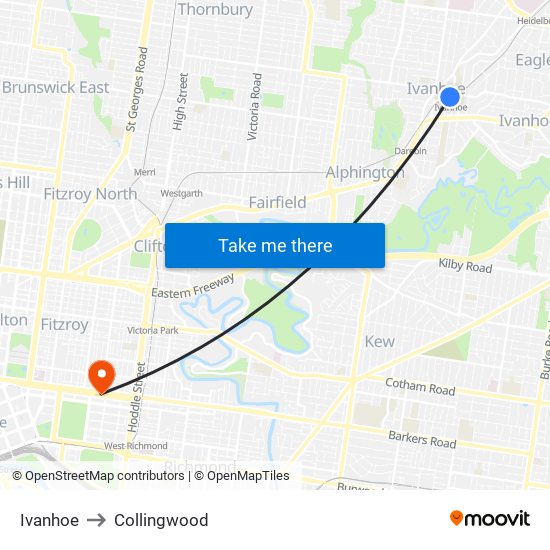 Ivanhoe to Collingwood map