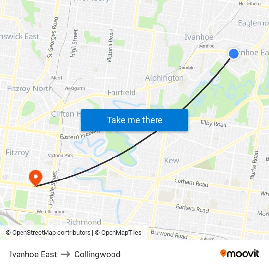 Ivanhoe East to Collingwood map