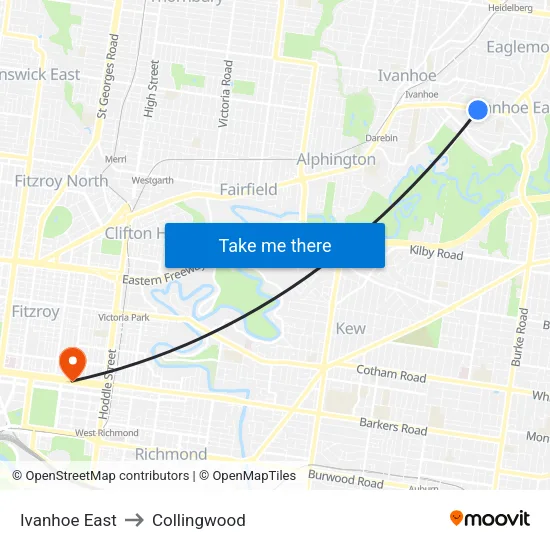 Ivanhoe East to Collingwood map