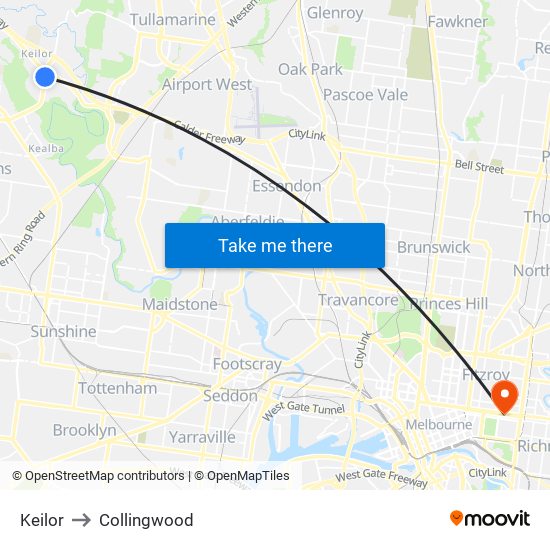 Keilor to Collingwood map