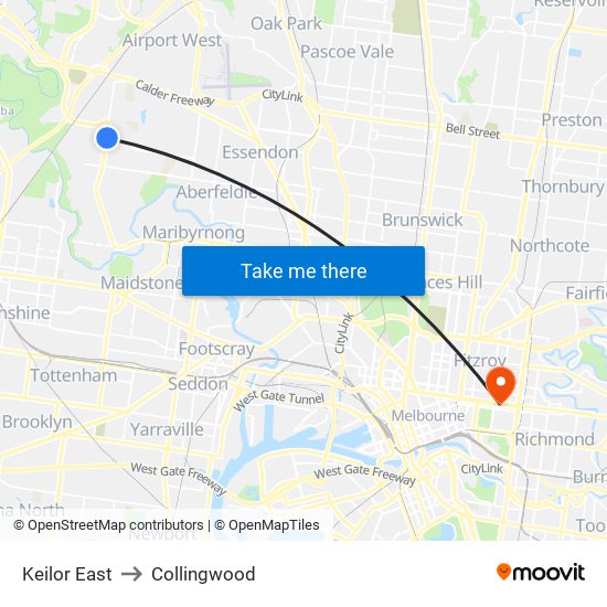 Keilor East to Collingwood map