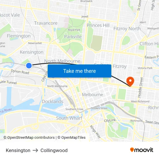 Kensington to Collingwood map