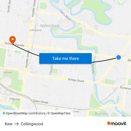 Kew to Collingwood map