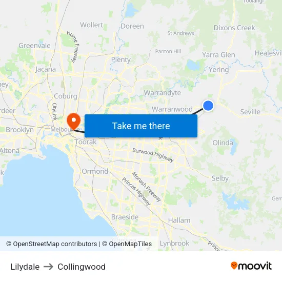Lilydale to Collingwood map