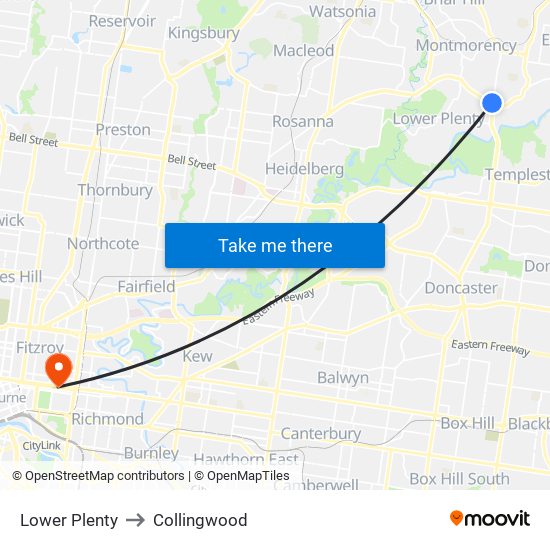 Lower Plenty to Collingwood map