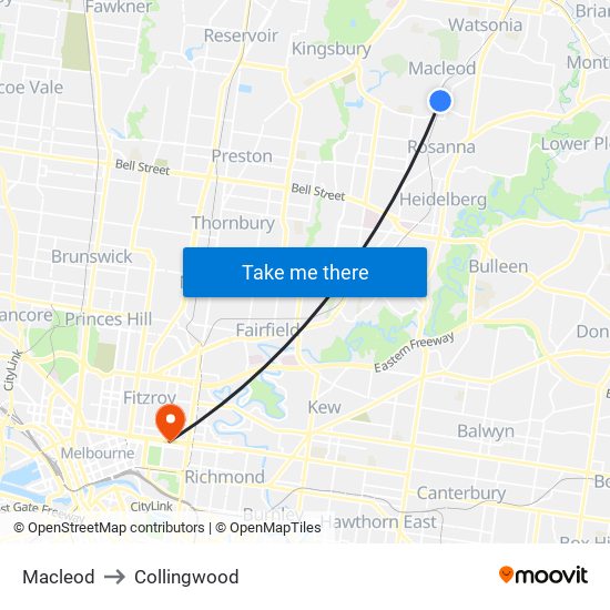 Macleod to Collingwood map