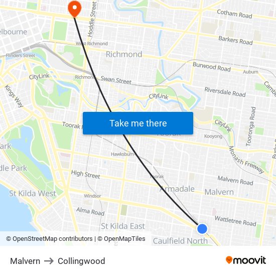 Malvern to Collingwood map