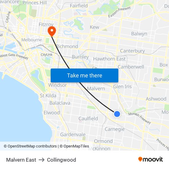 Malvern East to Collingwood map