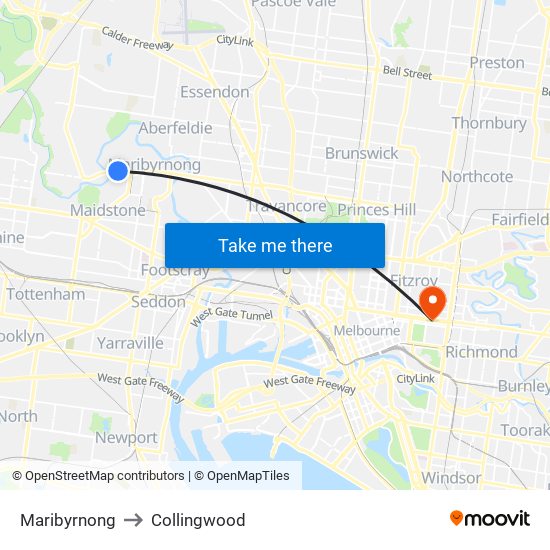 Maribyrnong to Collingwood map